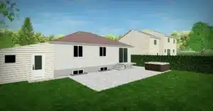 Rendu 3D d’un plan d’aménagement paysager avec terrasse en pavé uni et spa dans la cour arrière d’une maison